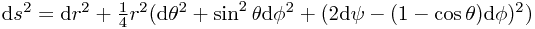 \mathrm{d}s^2 = \mathrm{d}r^2 + \frac 1 4 r^2 (\mathrm{d} \theta^2 + \sin ^2\theta\mathrm{d} \phi^2 + (2\mathrm{d}\psi - (1-\cos\theta)\mathrm{d} \phi)^2)